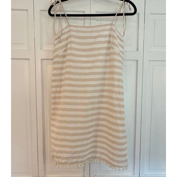 J.Crew beige striped Pom trim linen tie shoulder dress size xs - Picture 10 of 12